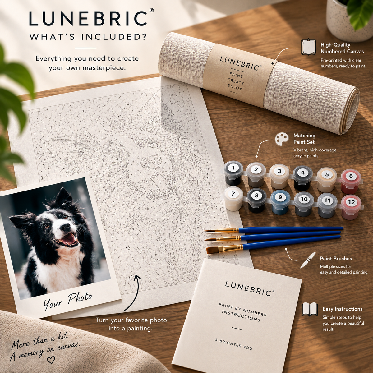 Personalized paint by numbers kit with numbered canvas, matching paints and brushes